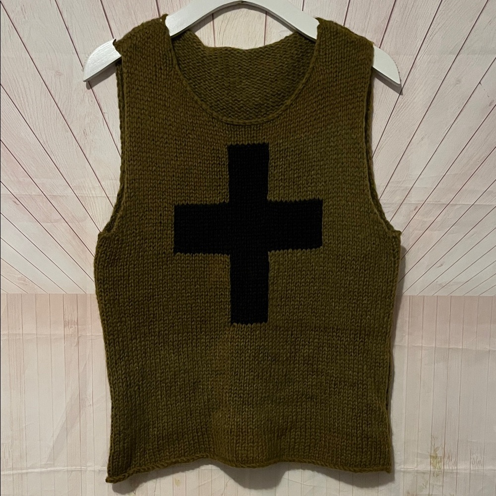 Knit Tank with Olive Chunky knit Black Cross Design Alpaca soft yarns